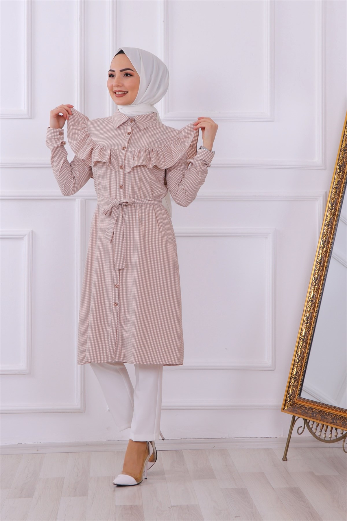 önü fırfırlı kareli tunik 