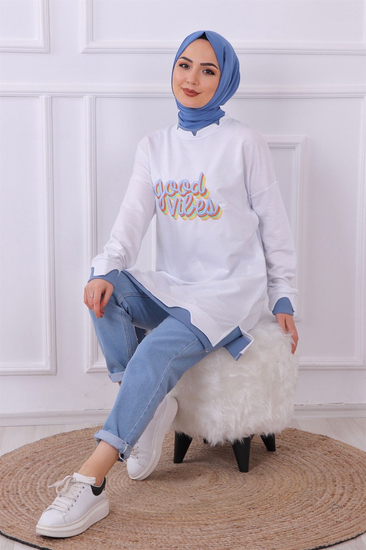 önü good vibes yazılı sweat BEYAZ