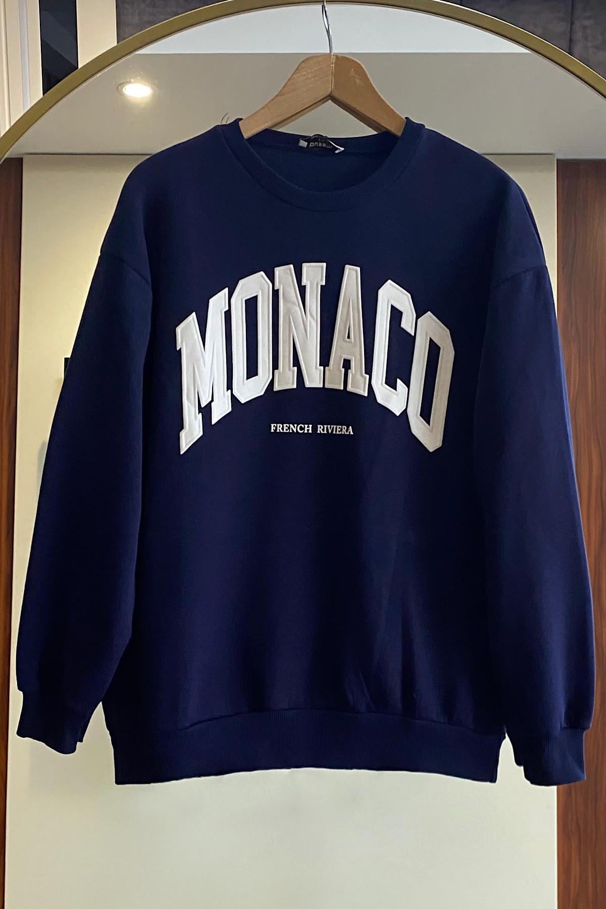 Önü Monaco Yazılı üç iplik sweat Lacivert 