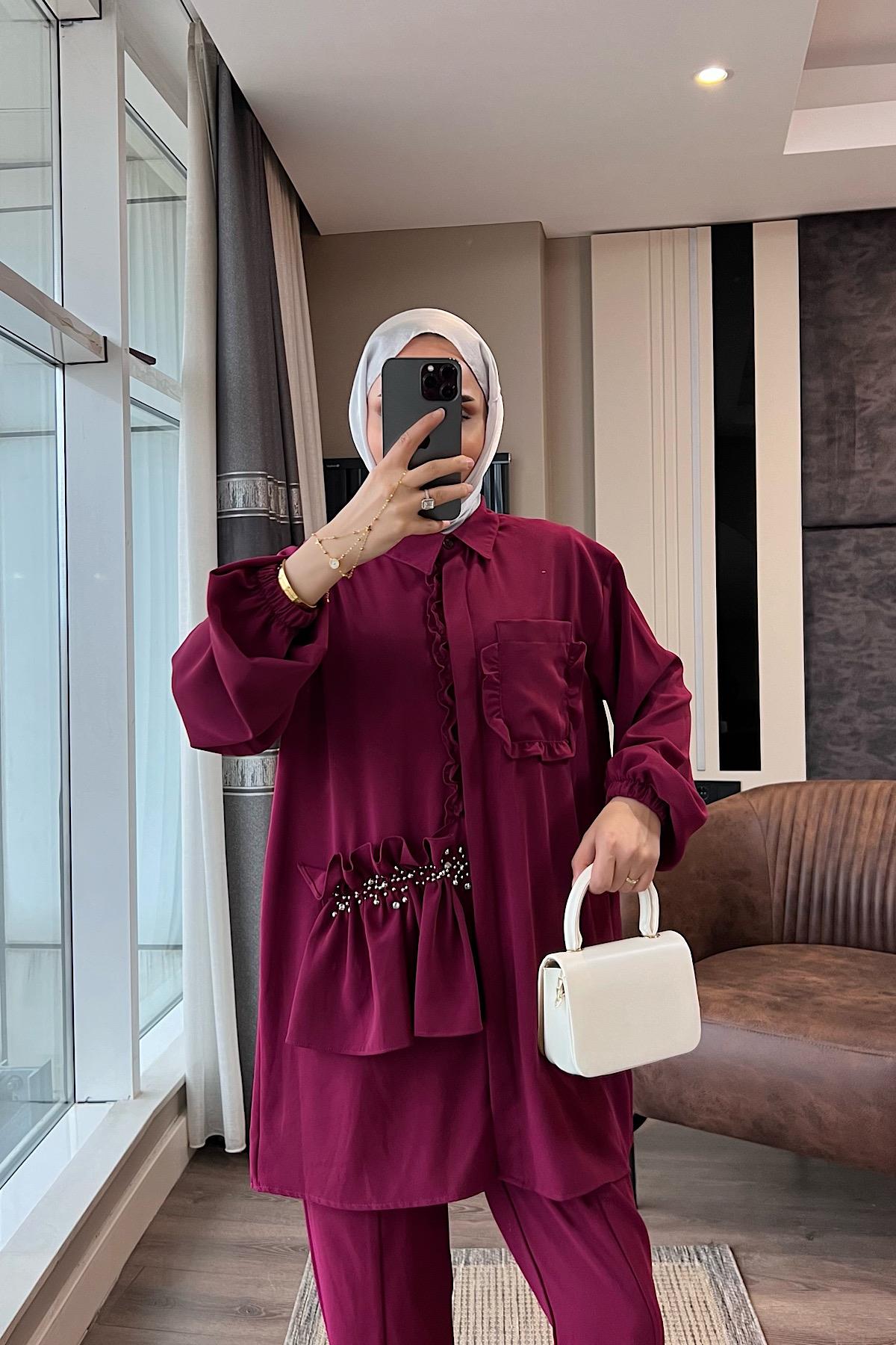 Önü Taşlı Fırfırlı ikili takım Vişne Çürüğü