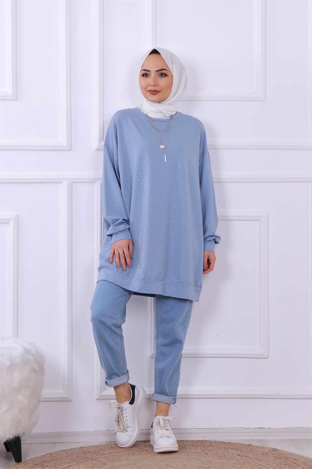 ÖNÜ TAŞLI SWEAT MAVİ