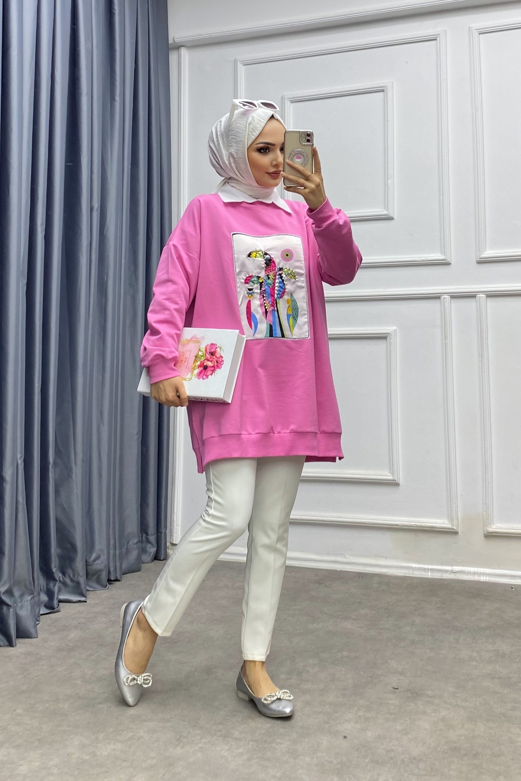 Önü Taşlı sweat pembe