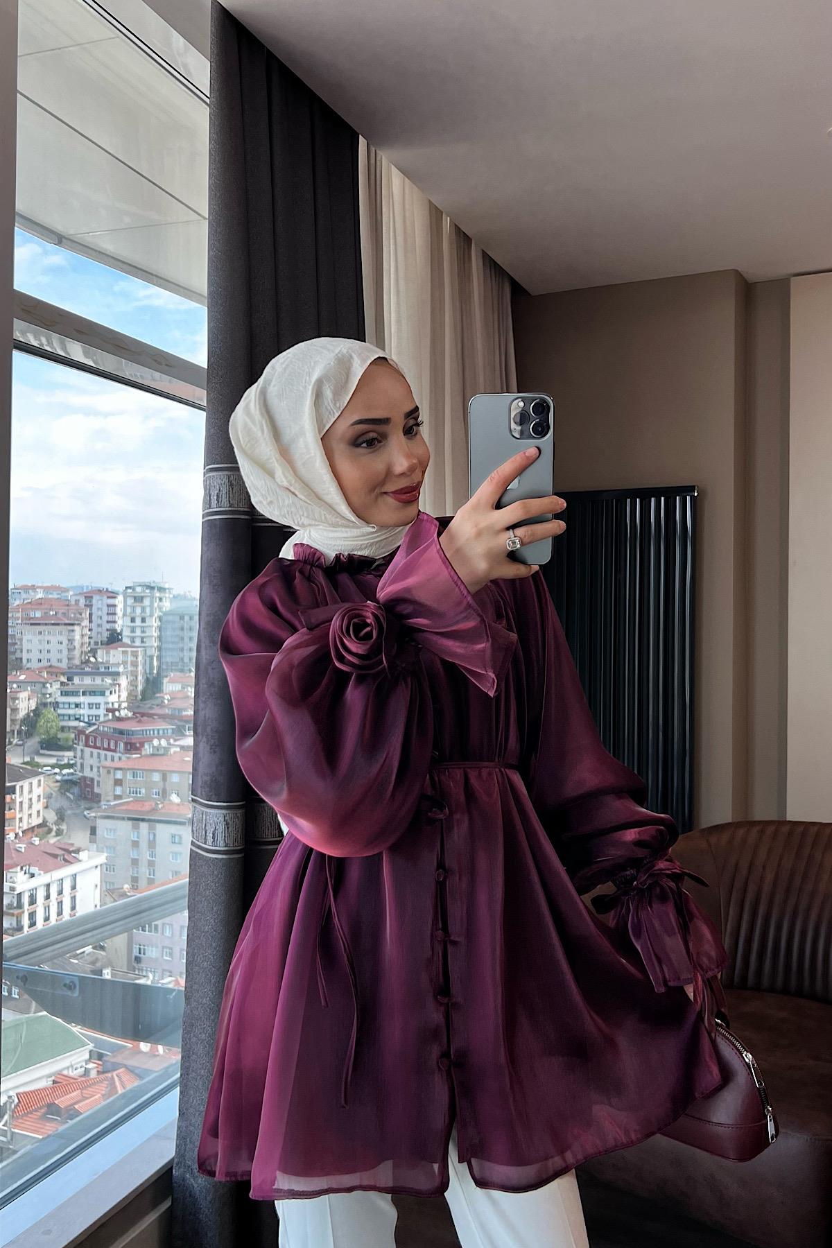 Organze Gül Detaylı Tunik Bordo