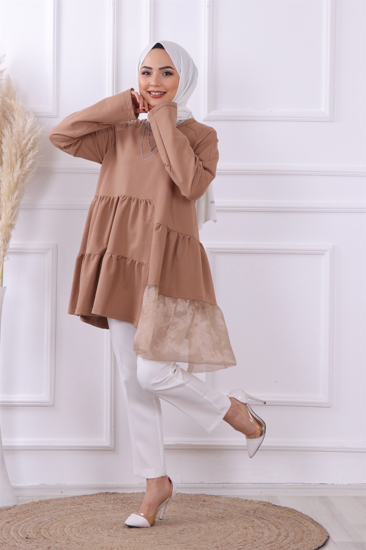 organze tül detaylı sweat camel