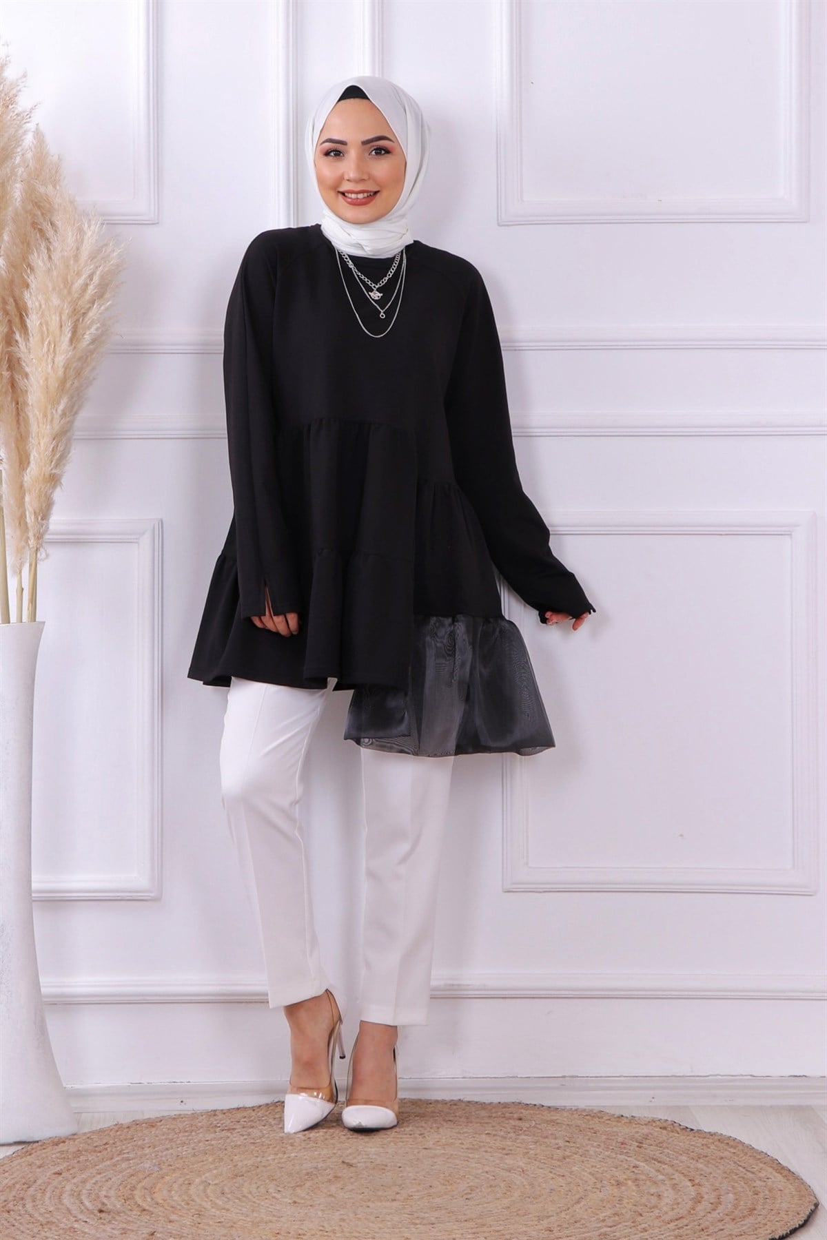 organze tül detaylı sweat siyah
