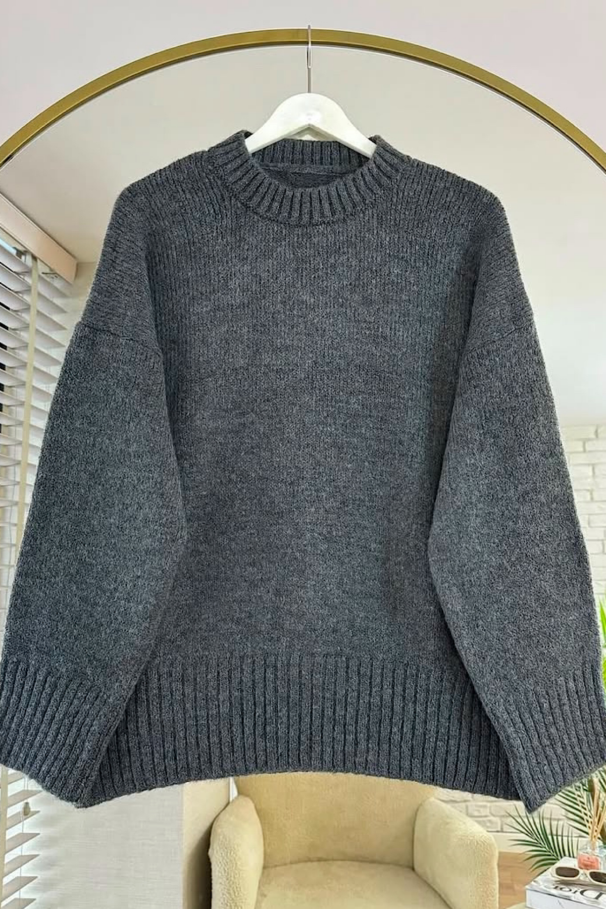 Oversize bisiklet yaka kazak Füme