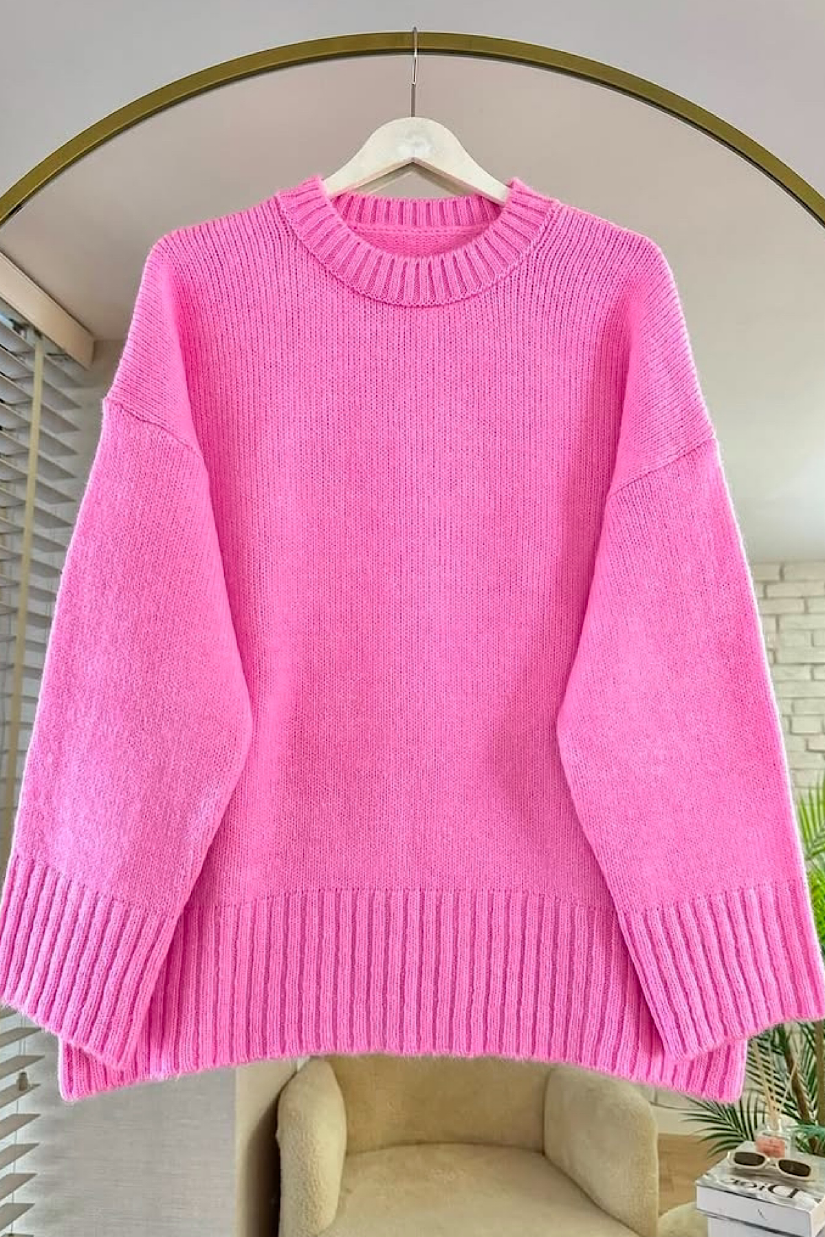 Oversize bisiklet yaka kazak Pembe