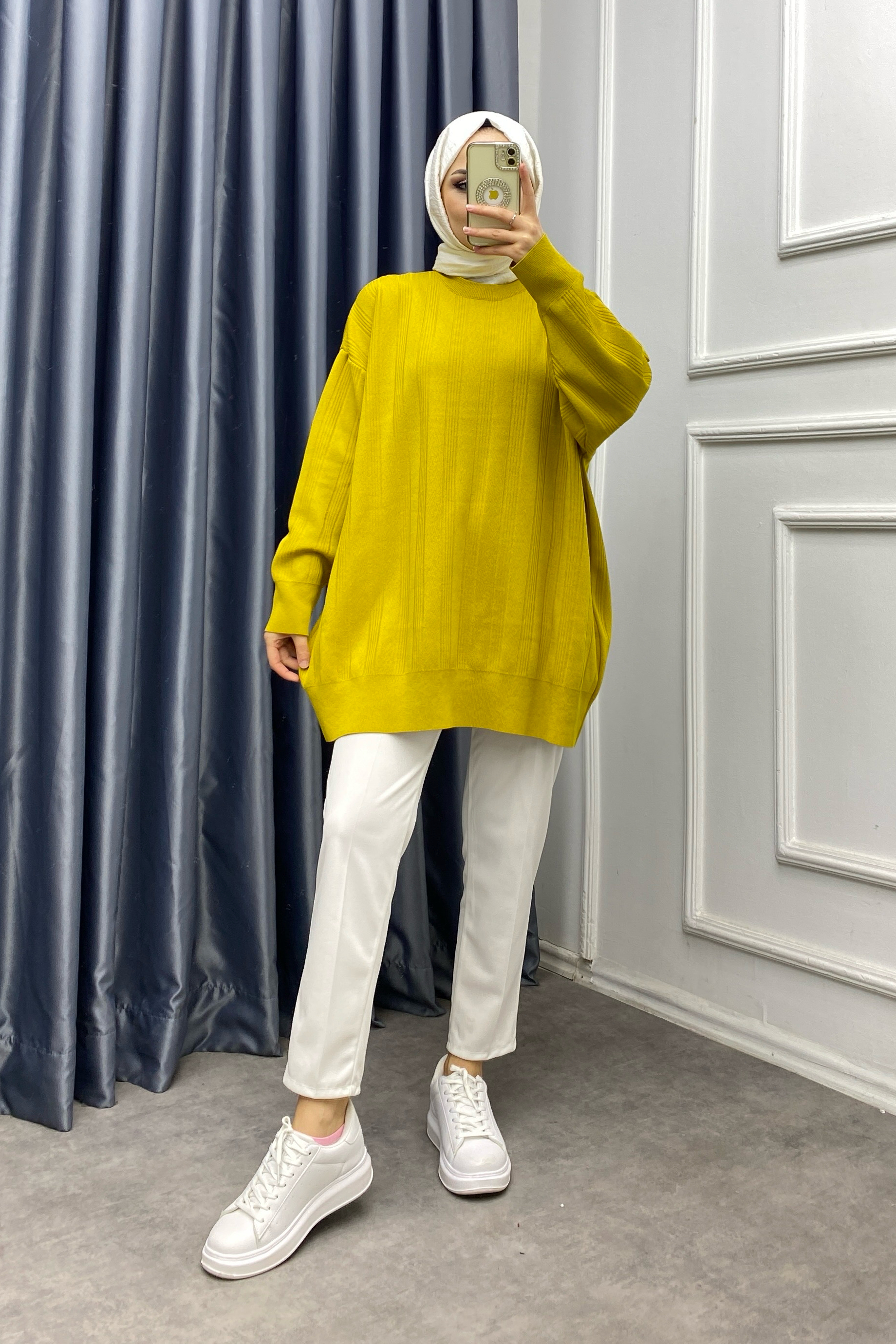 Oversize yağ yeşili pamuklu tunik 