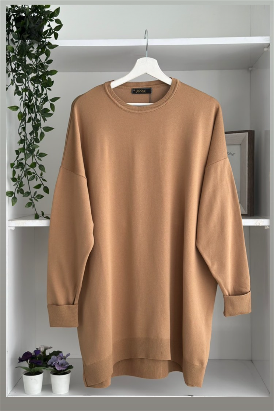 Pamuklu önü kısa arkası uzun tunik camel