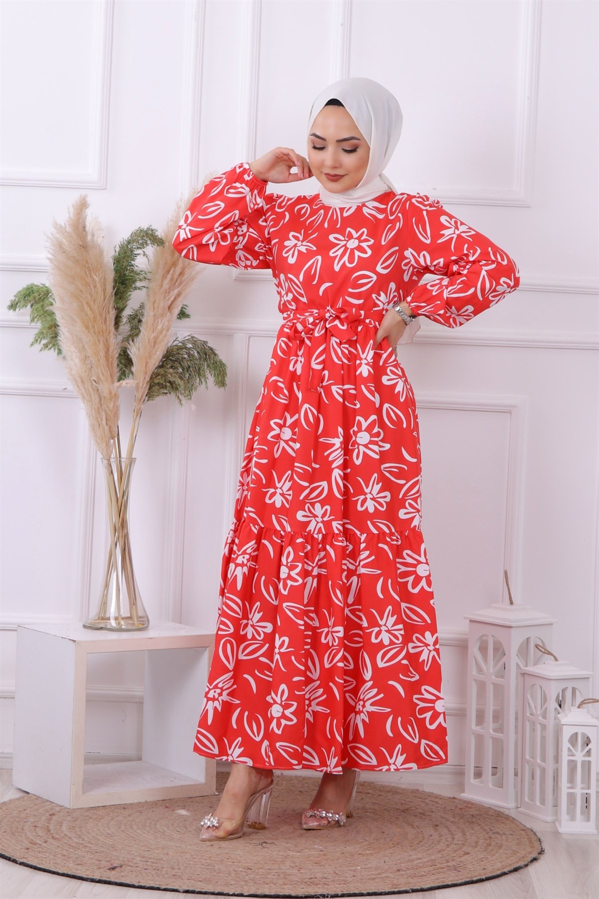 PAPATYA DESENLİ ELBİSE KIRMIZI