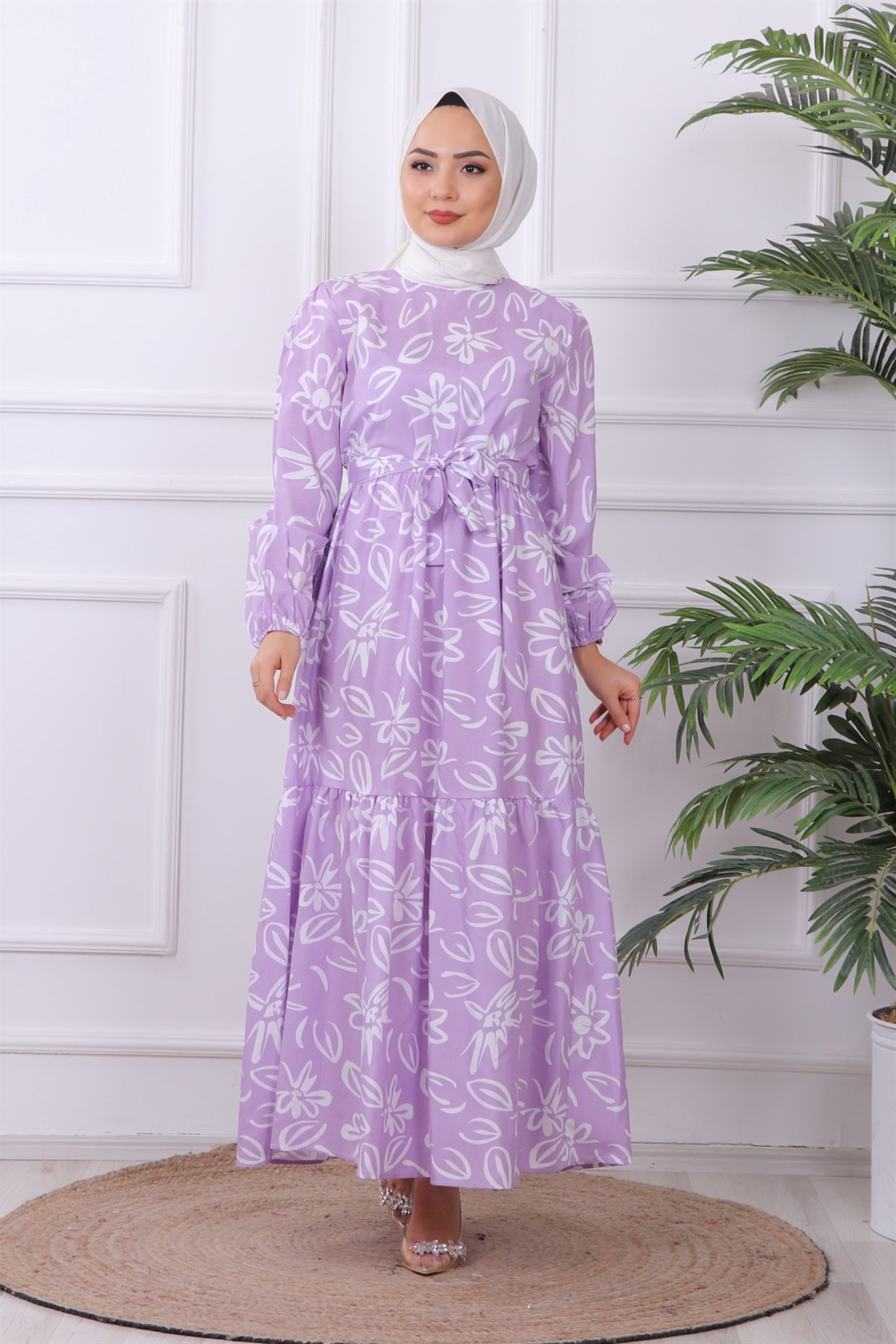 PAPATYA DESENLİ ELBİSE LİLA