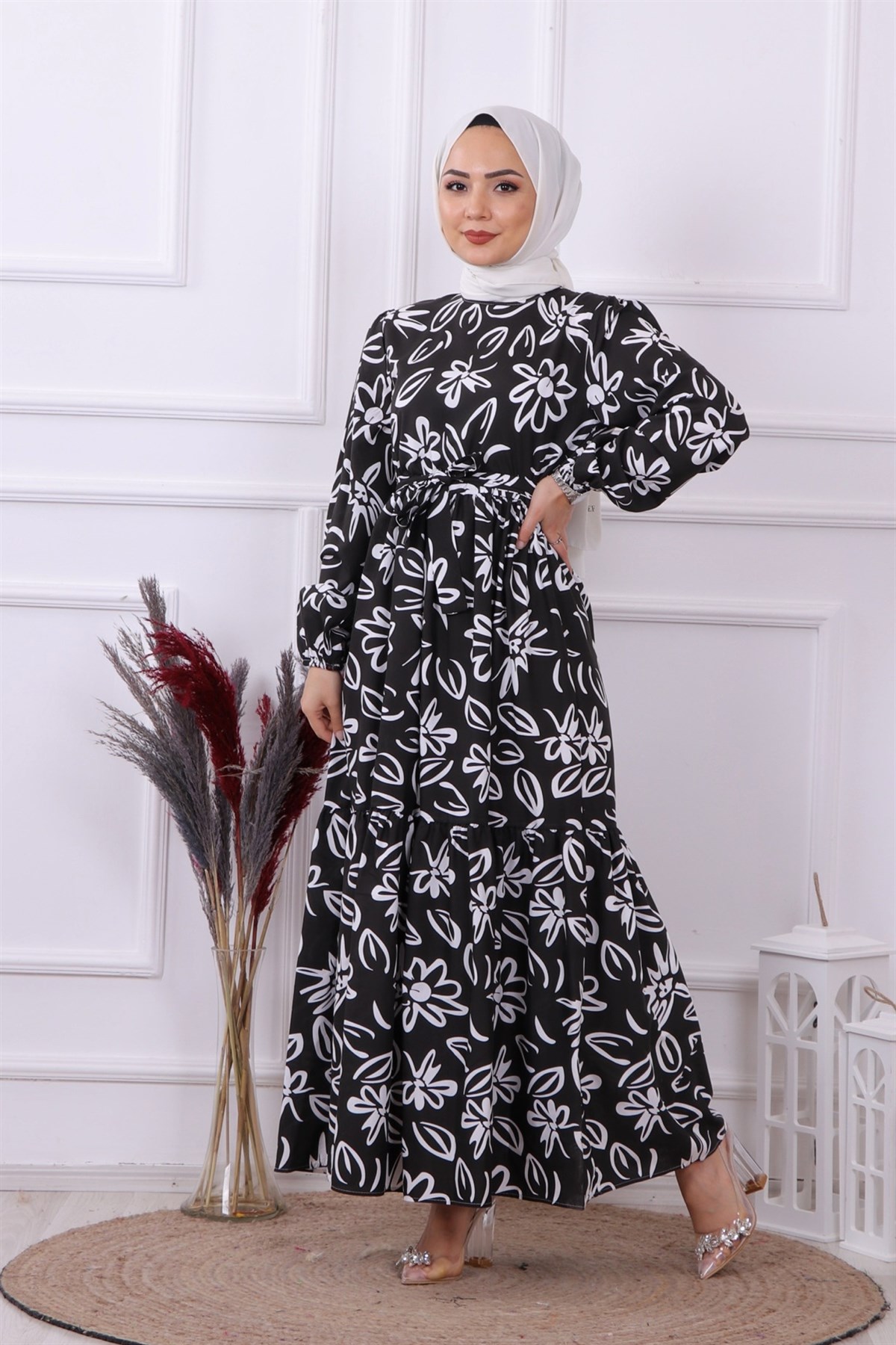 PAPATYA DESENLİ ELBİSE SİYAH