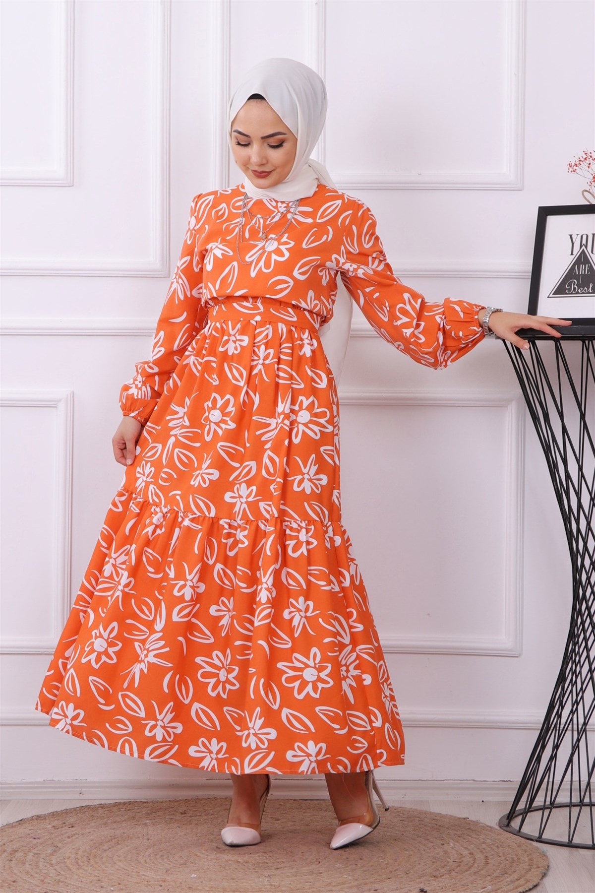 PAPATYA DESENLİ ELBİSE TURUNCU