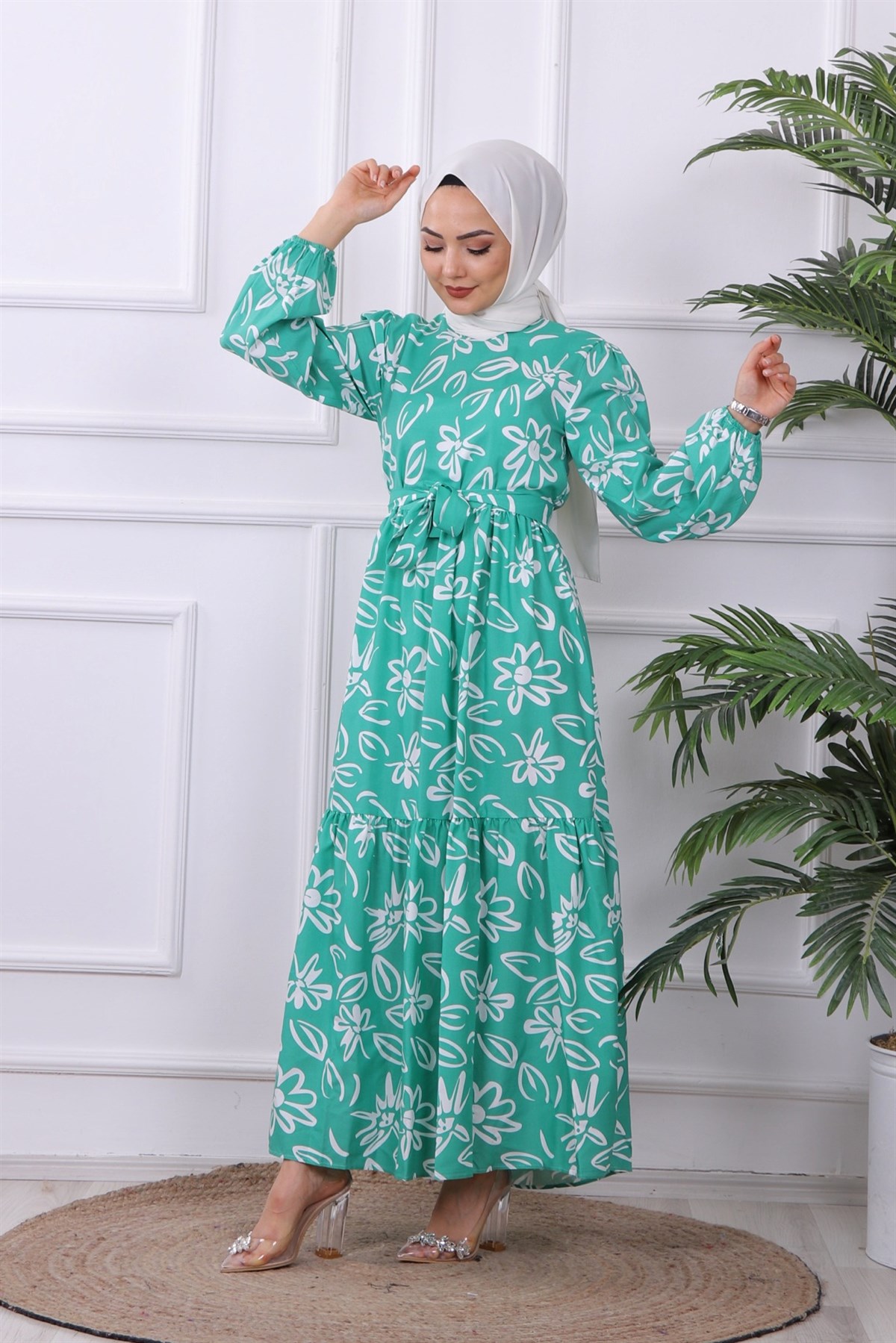 PAPATYA DESENLİ ELBİSE YEŞİL
