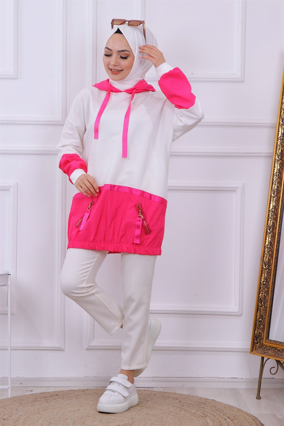 PARAŞÜT DETAYLI KAPŞONLU SWEAT BEYAZ FUŞYA