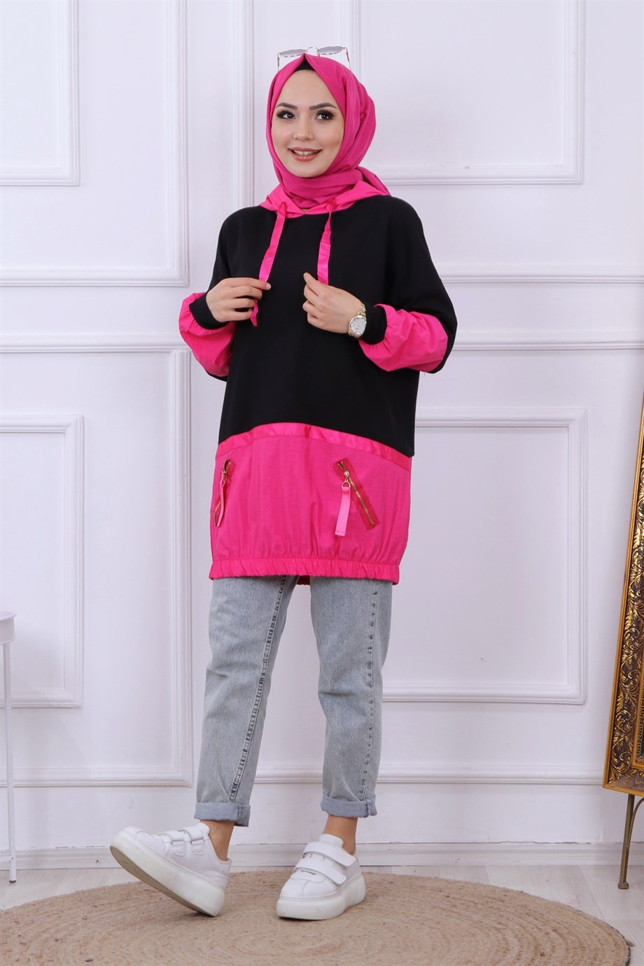 PARAŞÜT DETAYLI KAPŞONLU SWEAT SİYAH-FUŞYA