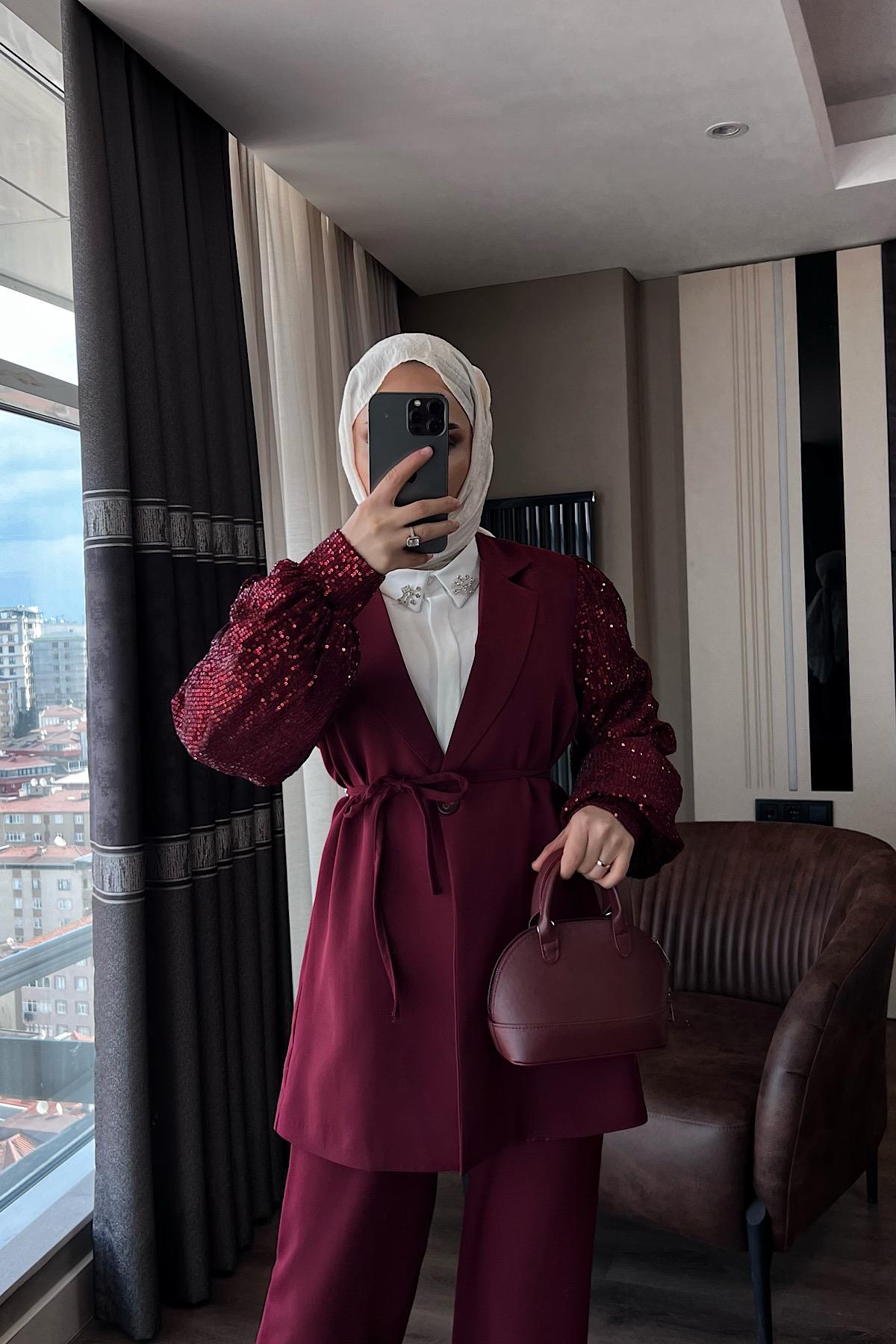 Payet detaylı ikili takım bordo