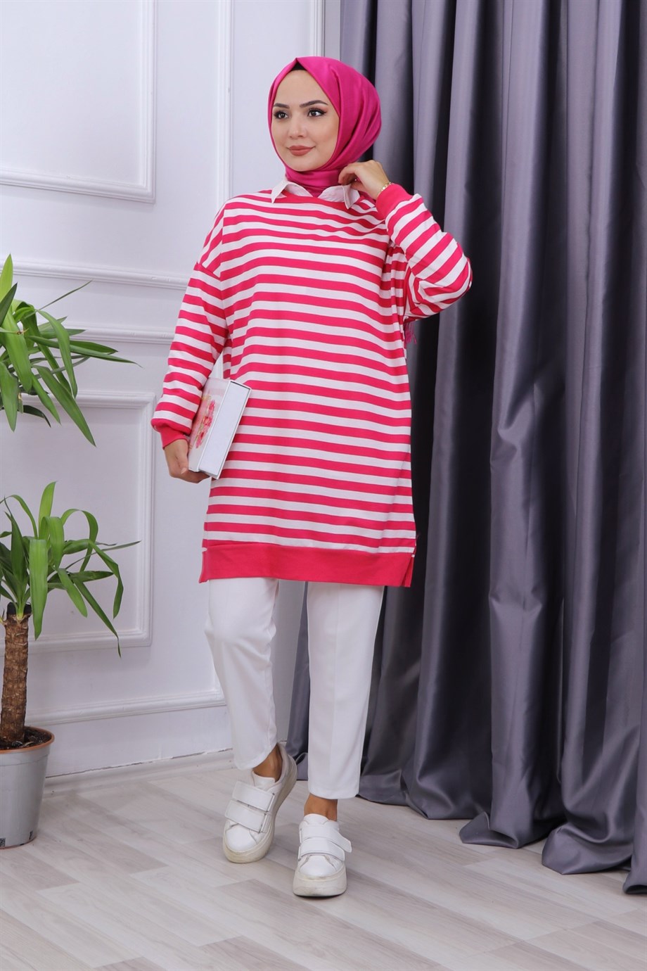 PEMBE BEYAZ ÇİZGİLİ SWEAT 