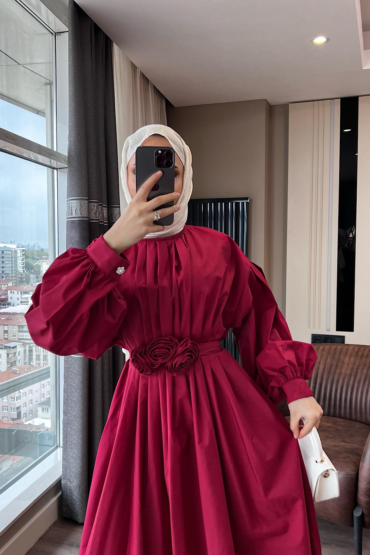 Pileli Çiçekli poplin Elbise Kırmızı