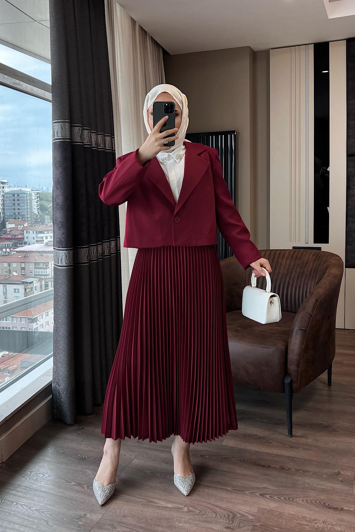 Piliseli etekli takım Bordo