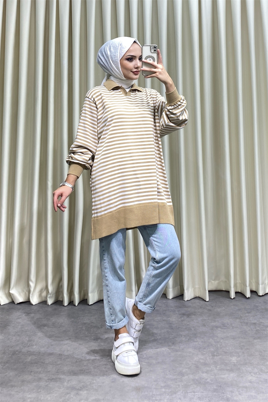 Polo yaka çizgili tunik camel