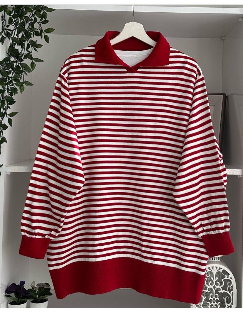 Polo yaka çizgili tunik kırmızı