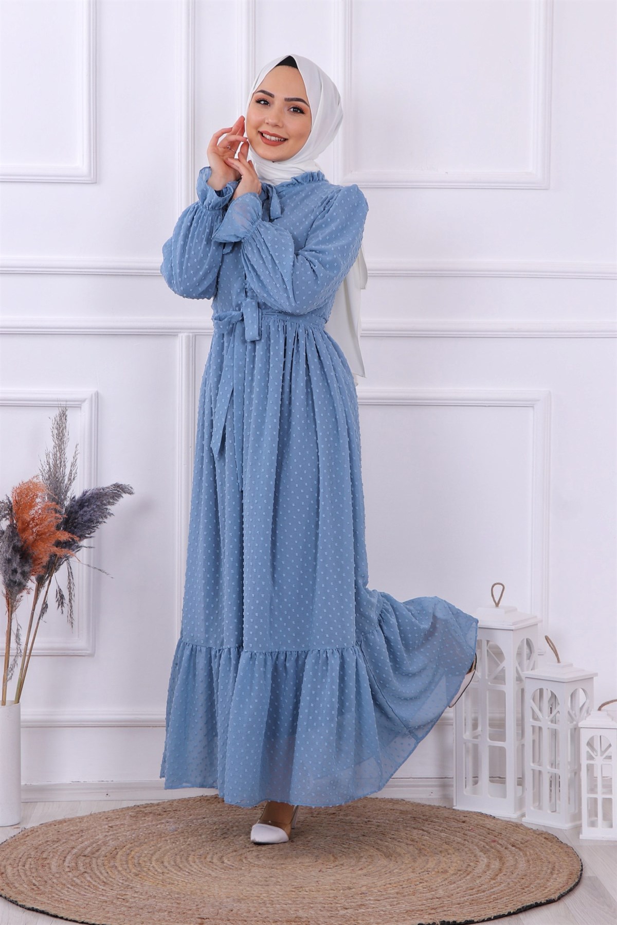 ponponlu elbise indigo