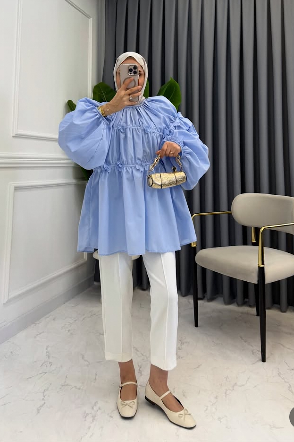 Reglan çiçek detaylı Tunik Bebe Mavisi
