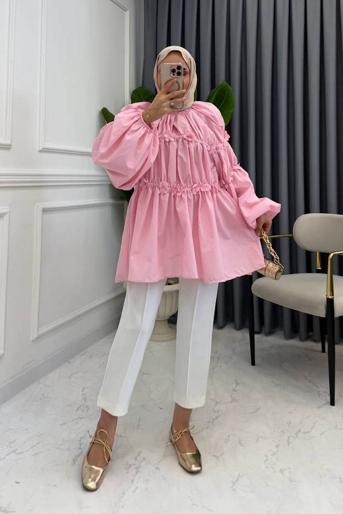 Reglan çiçek detaylı Tunik Pembe