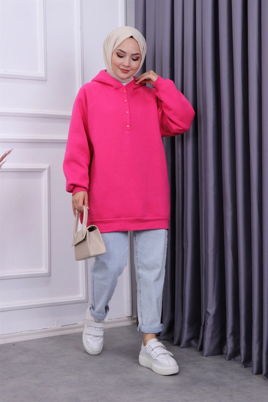 REGLAN KOL KAPŞONLU SWEAT FUŞYA