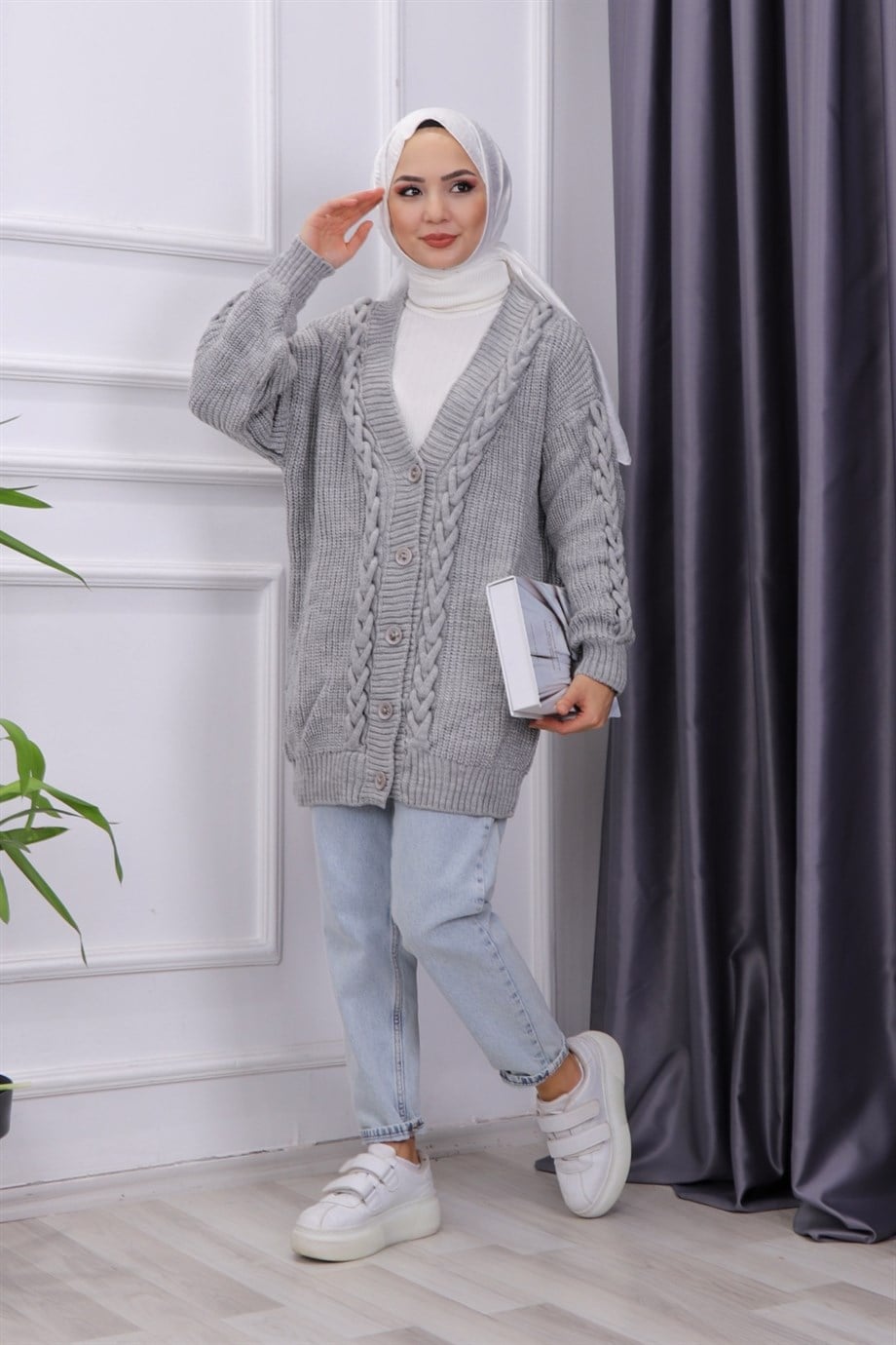 SAÇ ÖRGÜLÜ HIRKA GRİ