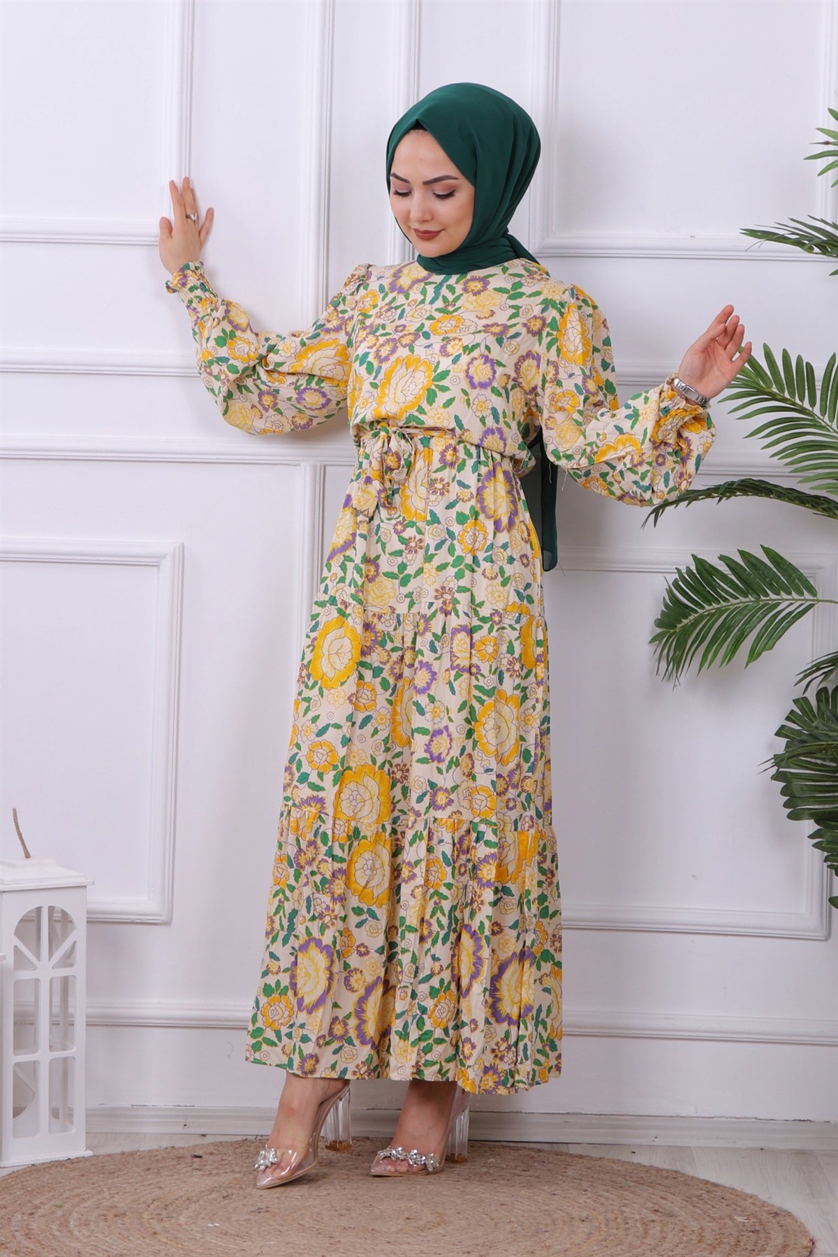 sarı mor detaylı viskon elbise