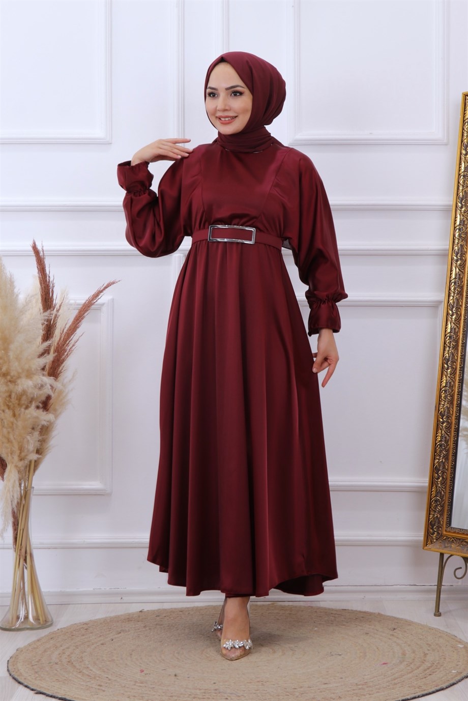 SATEN ELBİSE BORDO