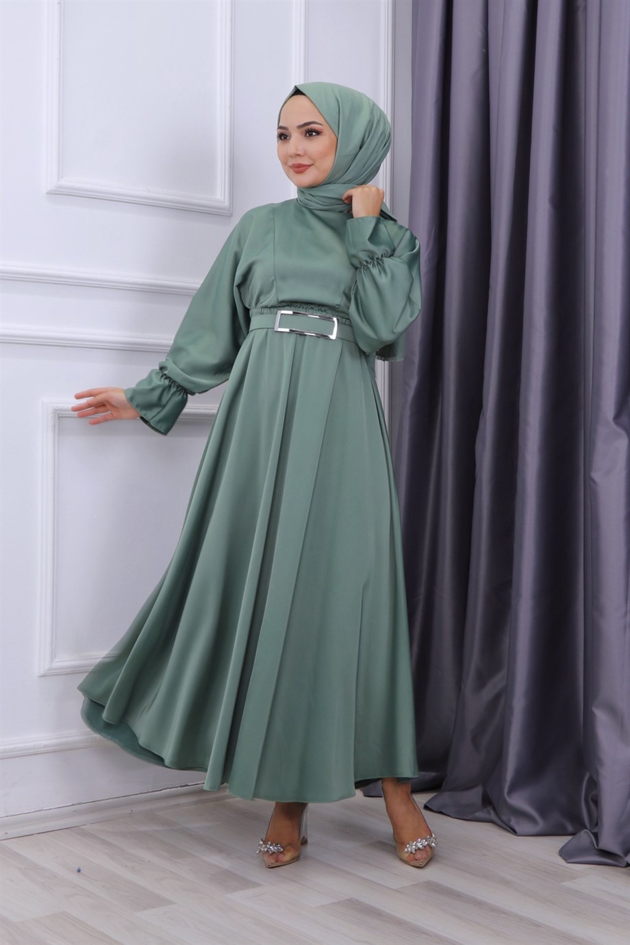 SATEN ELBİSE MİNT YEŞİLİ
