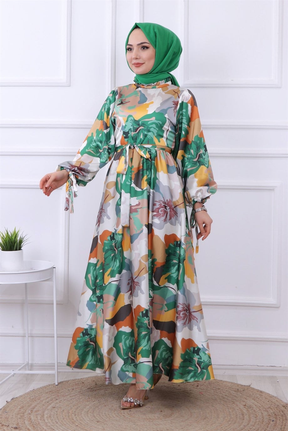 SATEN ELBİSE SARI YEŞİL