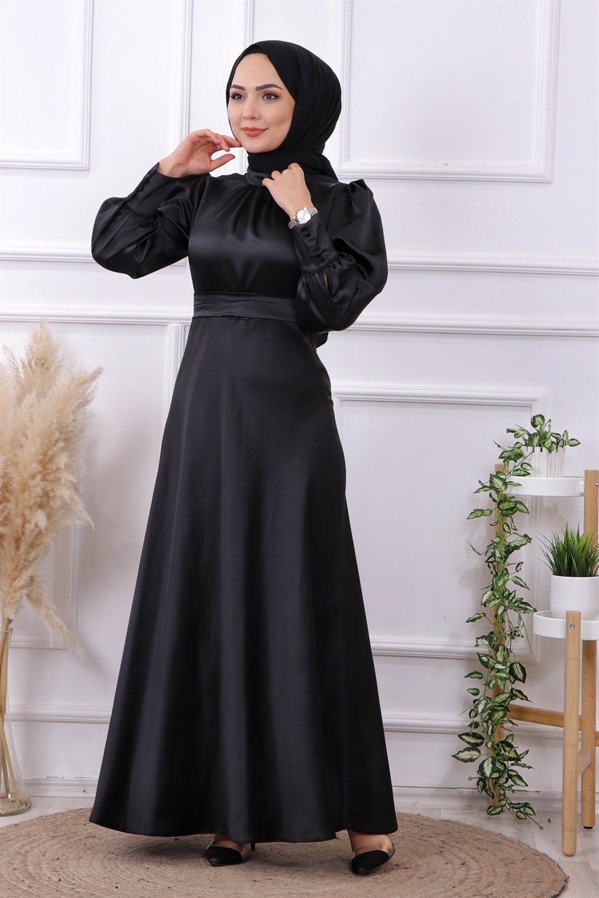 SATEN ELBİSE SİYAH