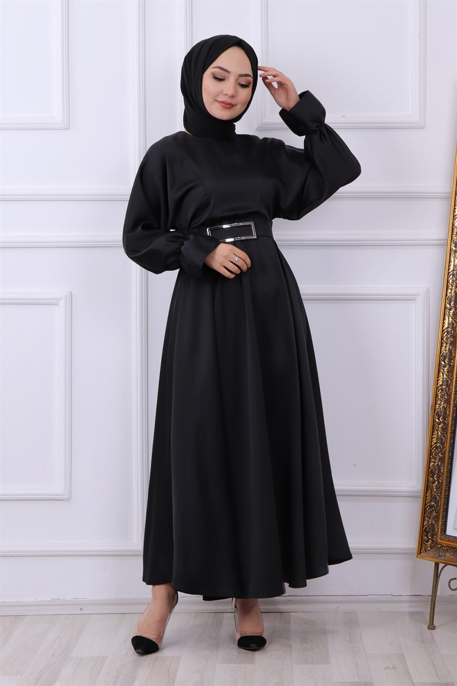 SATEN ELBİSE SİYAH