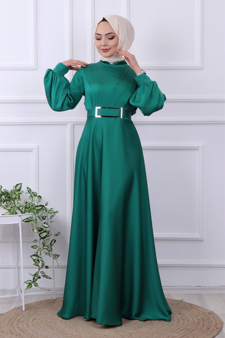 SATEN ELBİSE YEŞİL