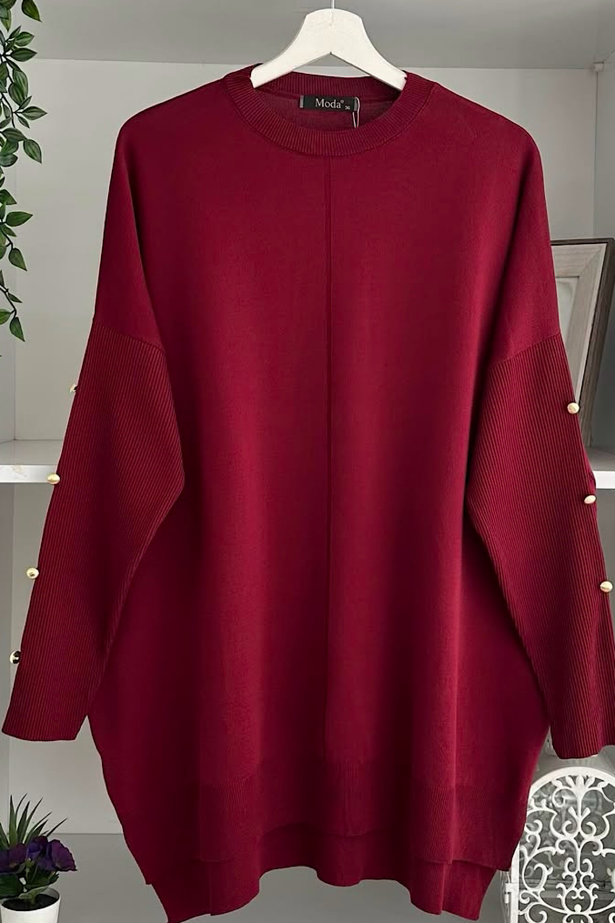 Soğuk iplik Kolu düğme detay Triko tunik Bordo