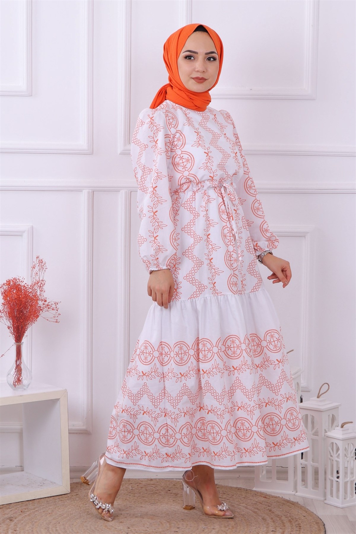 SU YOLU DESENLİ ELBİSE TURUNCU