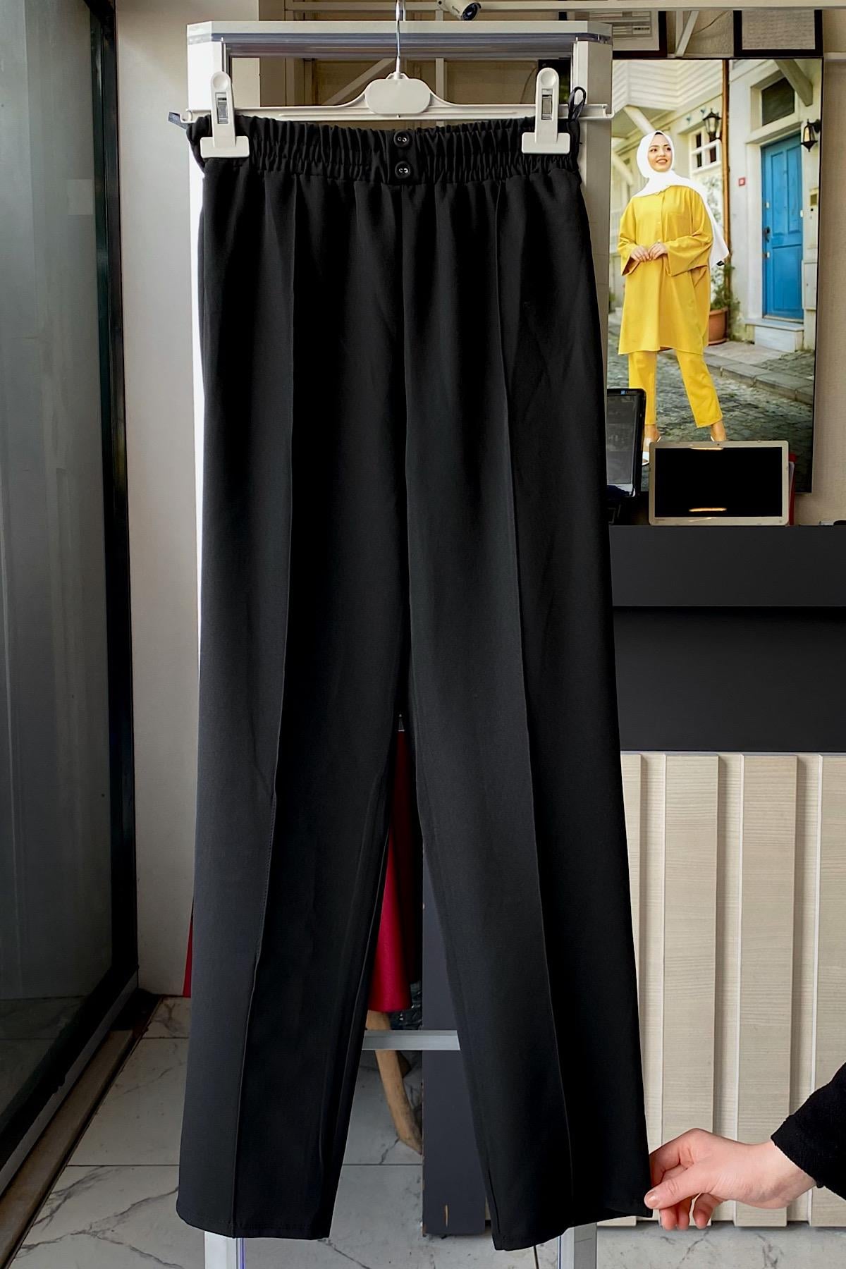 Süs Düğme Pat Detaylı Pantolon Siyah