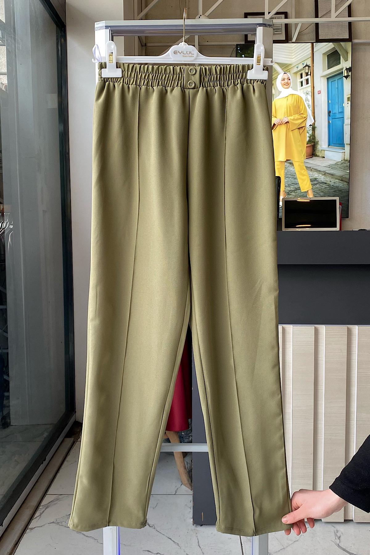 Süs Düğme Pat Detaylı Pantolon Yeşil  