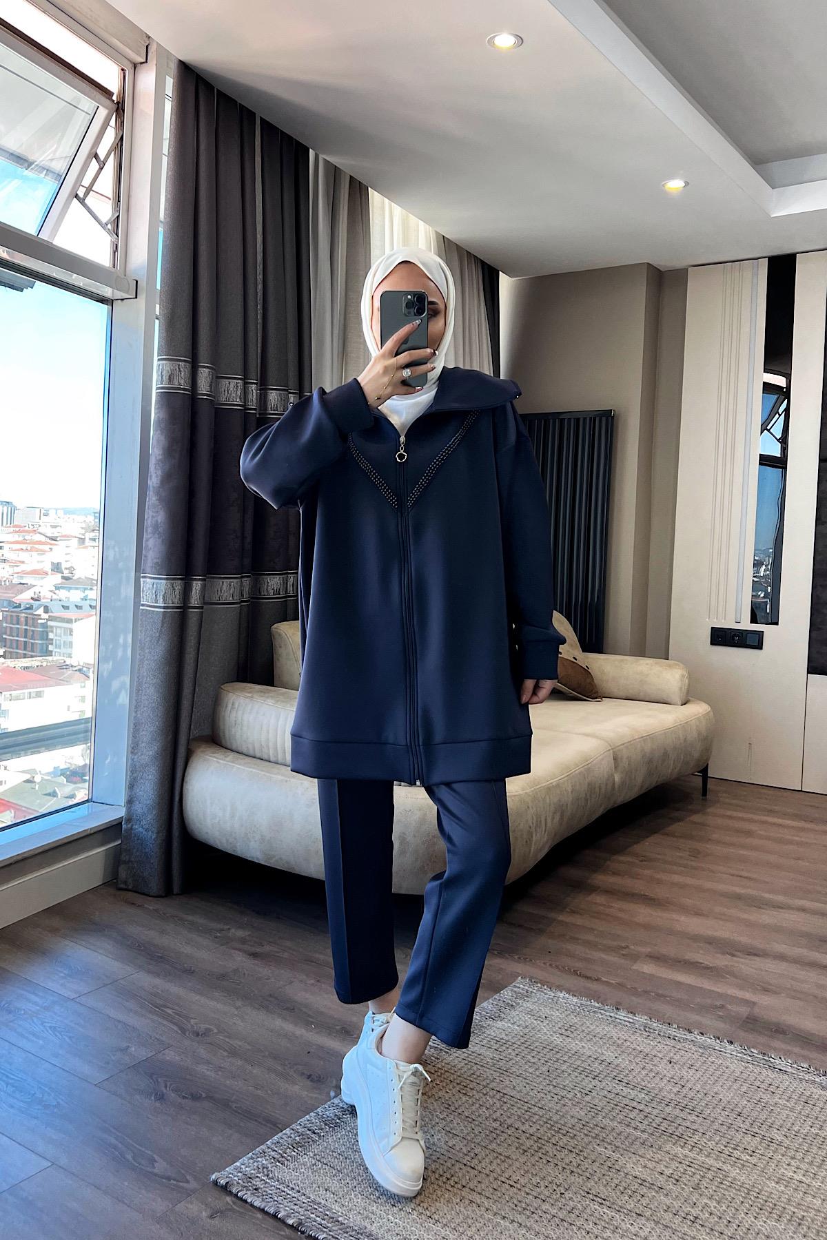 Taş Detaylı Skuba takım Lacivert