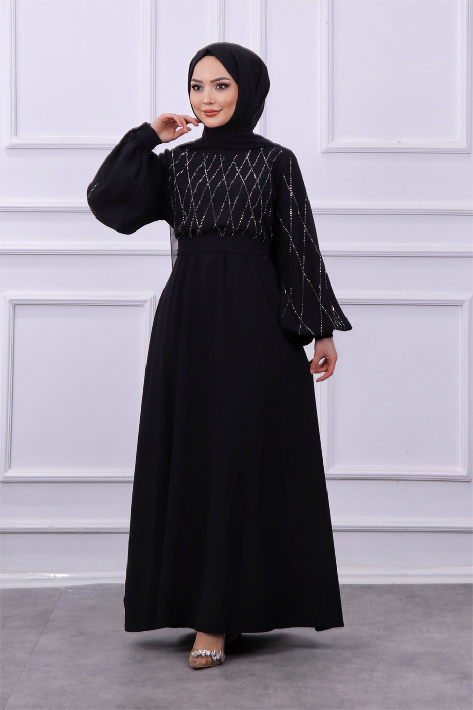 Taşlı balon kol elbise siyah