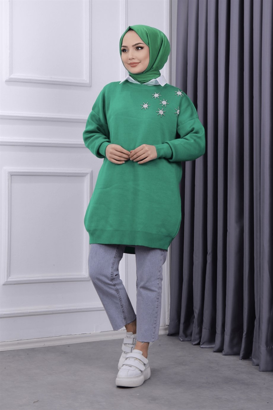 Taşlı triko tunik yeşil