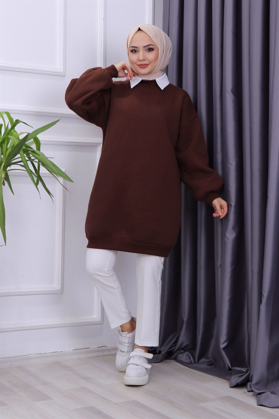 ÜÇ İPLİK BALON KOL TUNİK ACI KAHVE