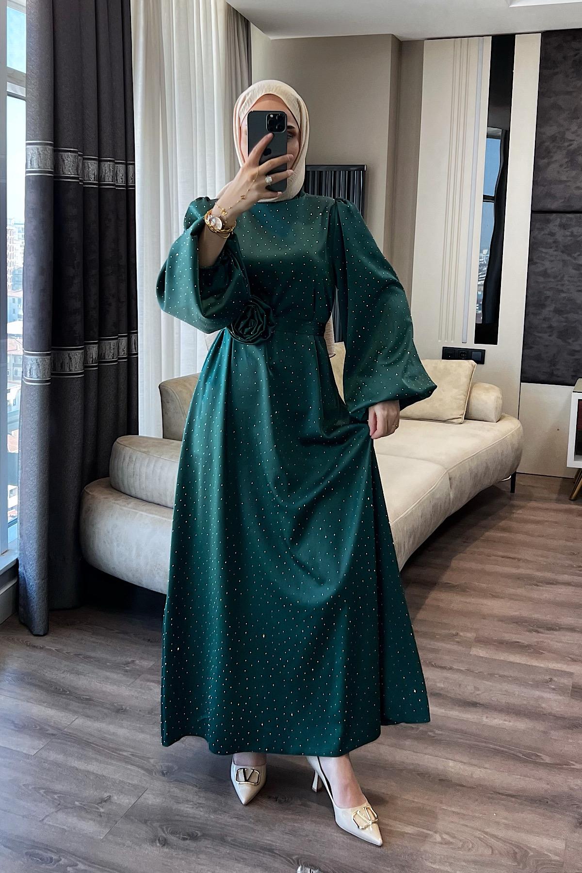 Üzeri Taşlı Balon Kol Elbise Yeşil 