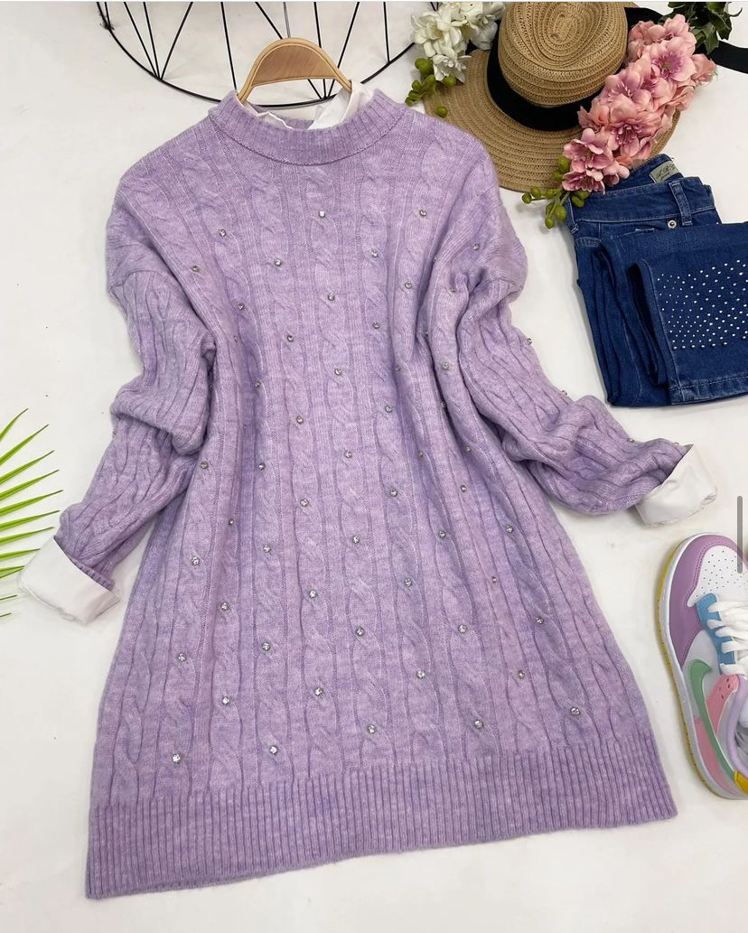 Üzeri Taşlı Tunik Lila Rengi