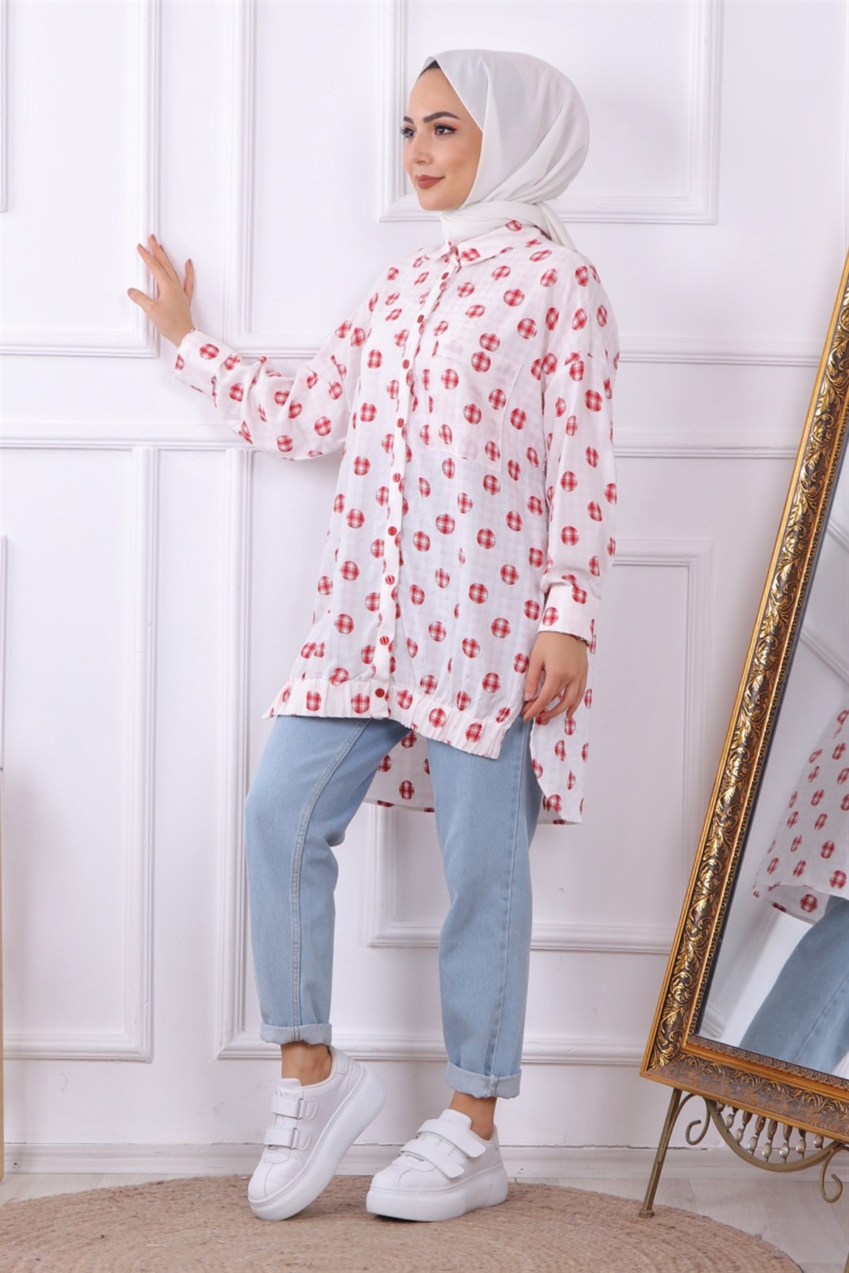 ÜZERİ TOP DESENLİ TEK CEPLİ TUNİK BORDO
