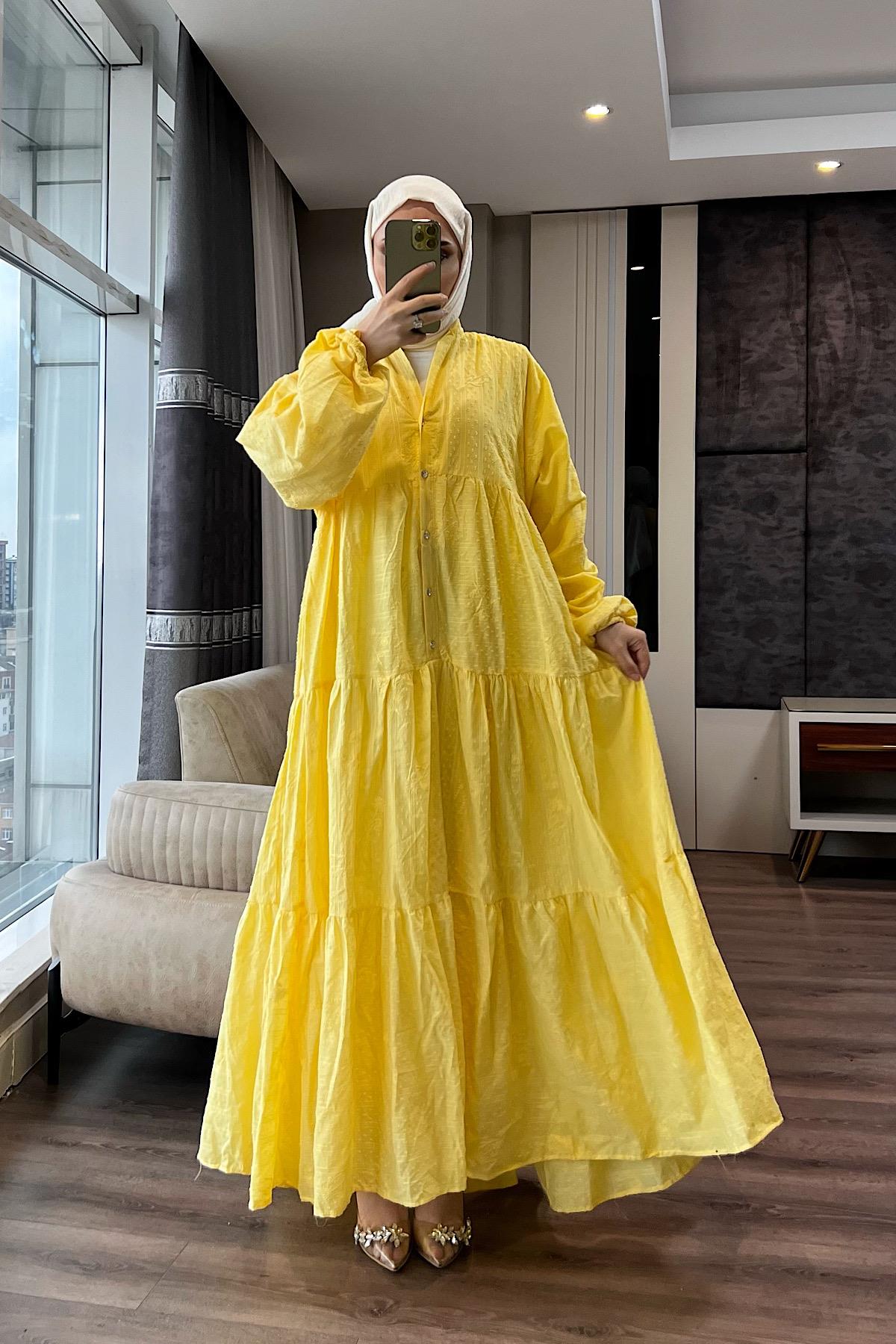 V yaka keten Elbise Sarı 